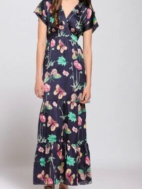 Romeo and Juliet Couture Floral Butterfly Navy Maxi Dress Size S